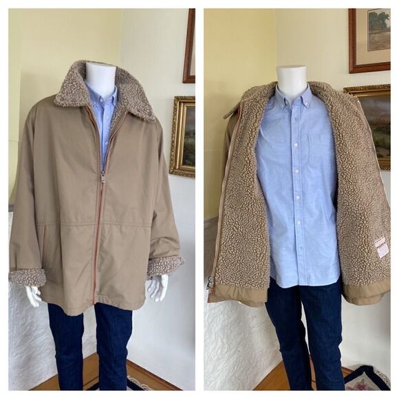 Mighty Mac Out O' Gloucester Beige Faux Shearling Lined Two Way Zip Deck Jacket - Picture 1 of 14